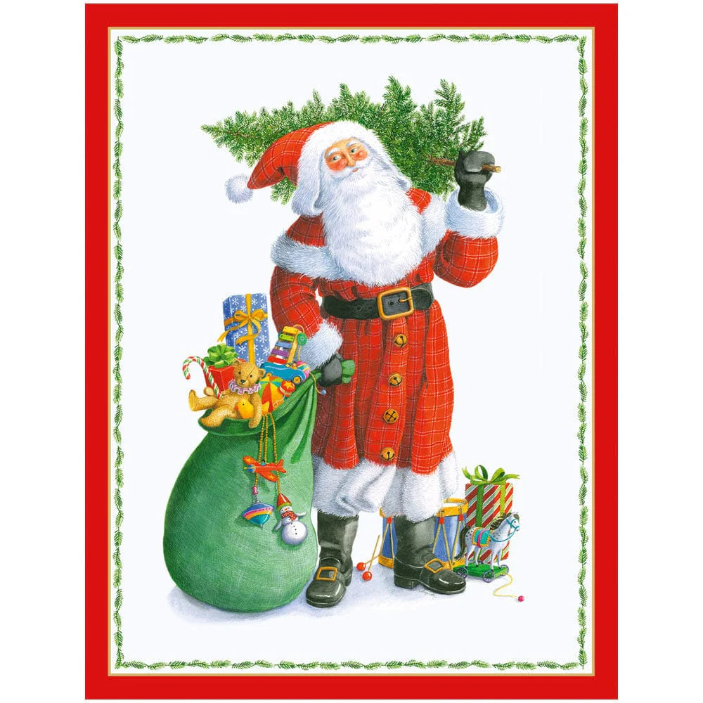 Caspari Santa Carrying Tree Classic Boxed Christmas Cards – 15 Cards/Envelopes