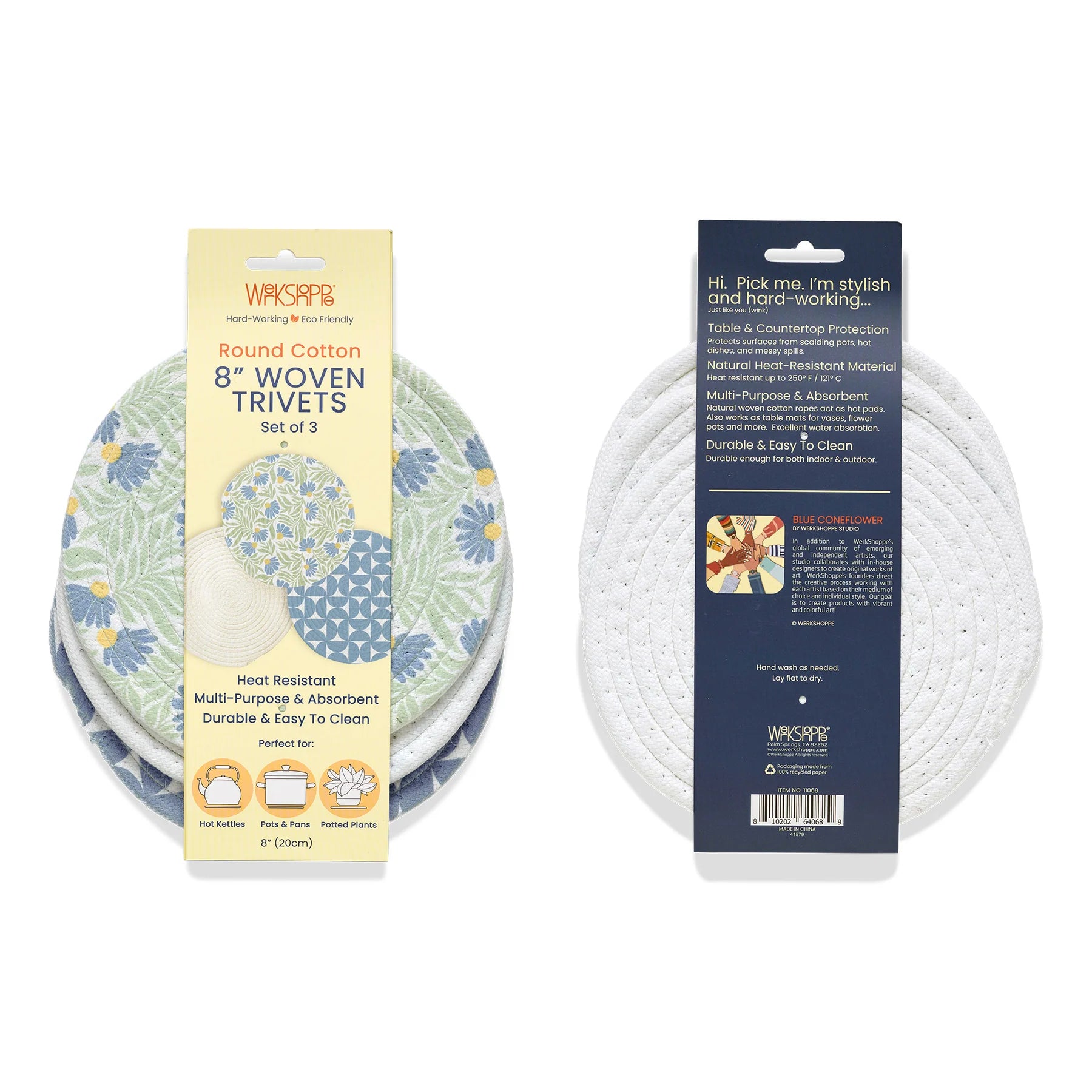 Werkshoppe Blue Coneflower Cotton Kitchen Trivets – 8" – Set of 3