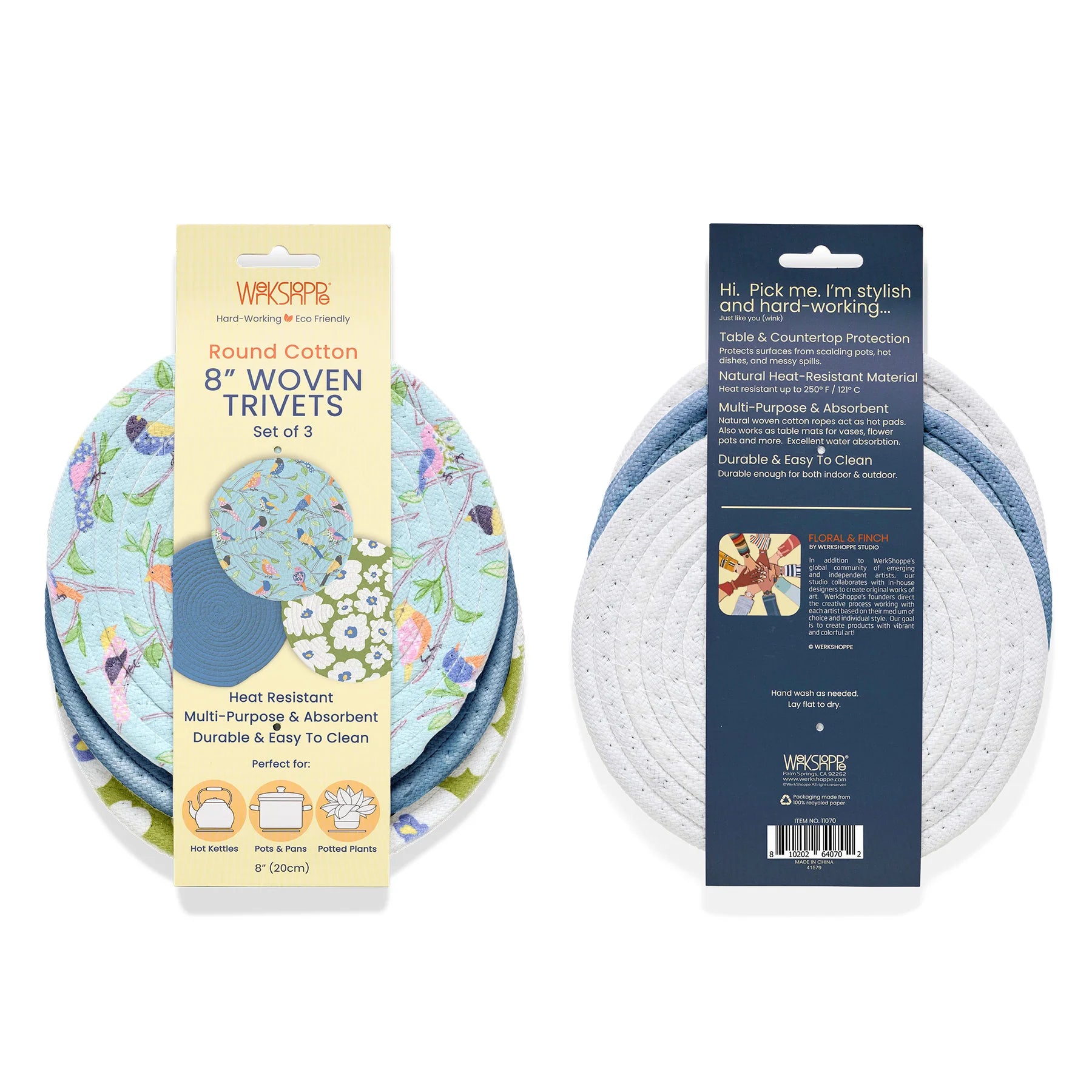 Werkshoppe Floral & Finch Cotton Kitchen Trivets – 8" – Set of 3
