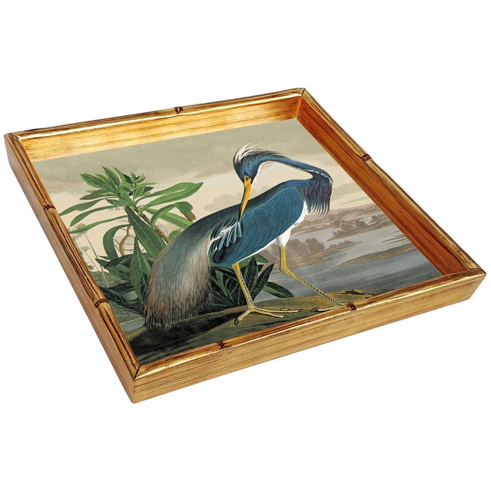 Caspari Audubon Heron Bamboo Edge Square Lacquer Tray – 14"