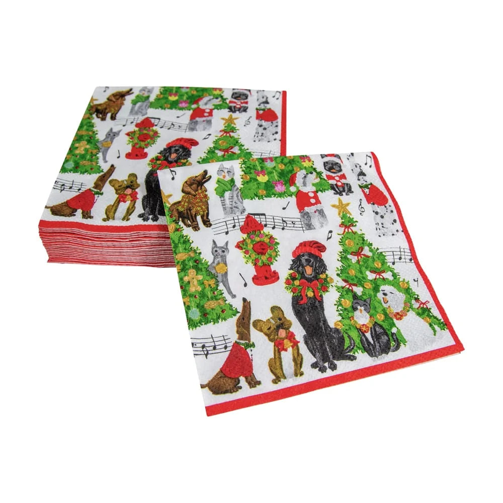 Caspari Caroling Pets Christmas Cocktail Napkin - 20pk