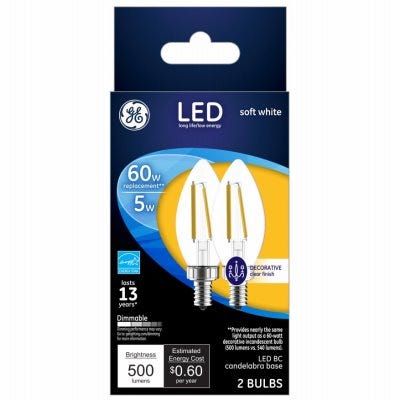 GE Soft White 60W Replacement LED Vintage Style Torpedo Light Bulbs - Decorative Blunt Tip Candelabra Base - 2 Pack