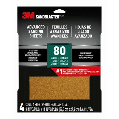 3M Sandblaster Sandpaper – 9" x 11" – 80 Grit – Pack of 4