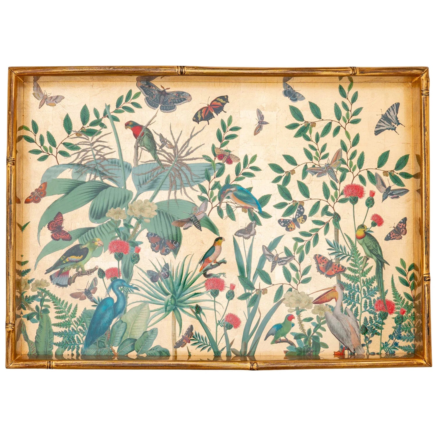 Caspari Golden Aviary Bamboo Edge Lacquer Large Rectangle Tray – 21” x 15”