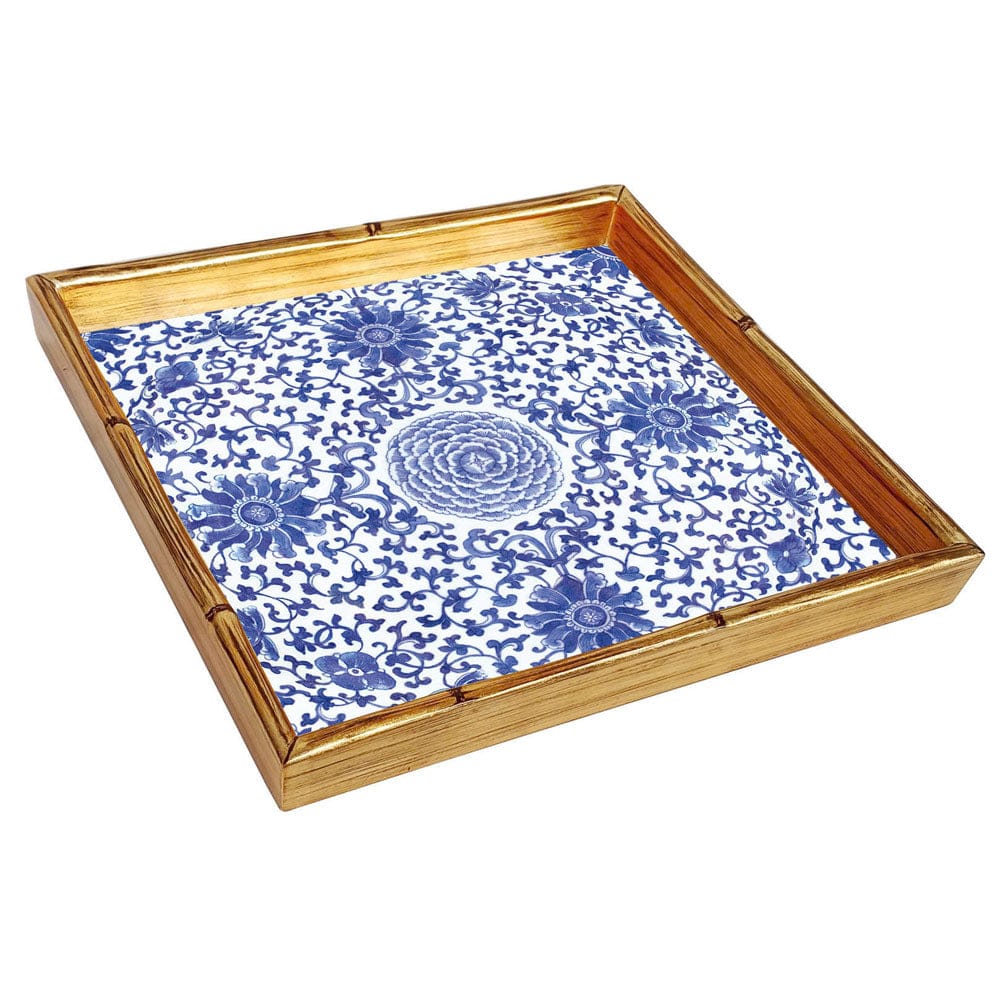 Caspari Indigo Garden Blue/White Bamboo Edge Square Lacquer Tray - 14"
