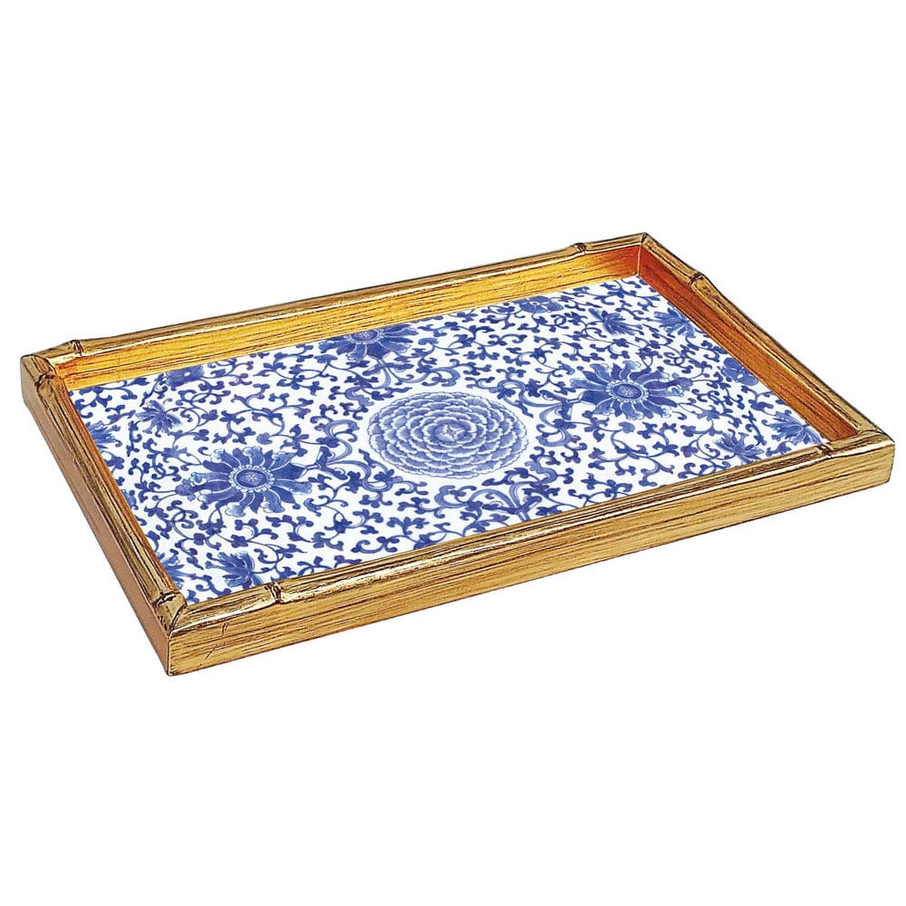 Caspari Indigo Garden Blue/White Bamboo Edge Lacquer Vanity Tray - 13.75 x 9