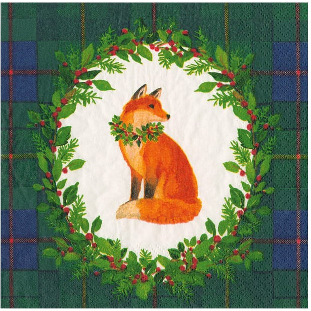 Caspari Tartan Fox Blue & Green Christmas Cocktail Napkin - 20pk