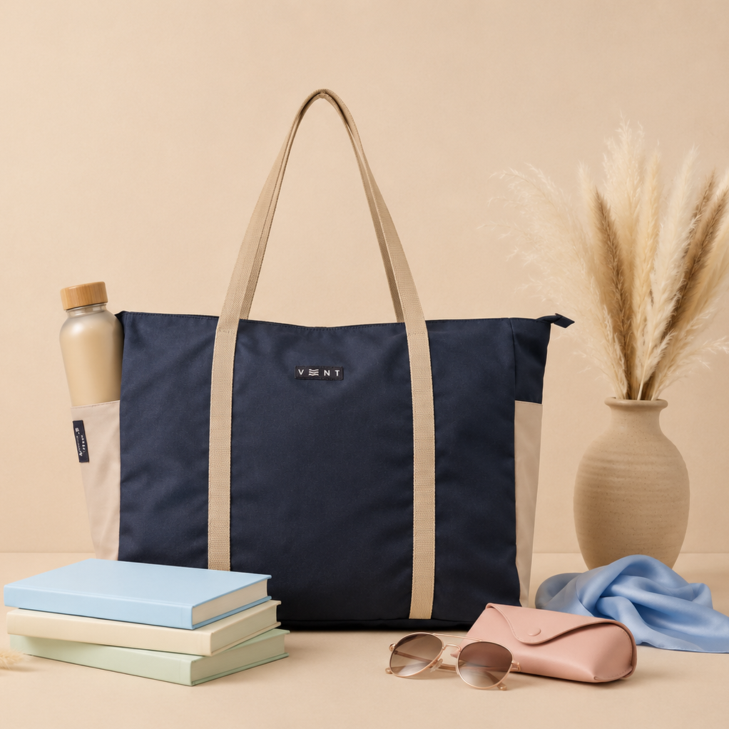 Vent For Change Ocean Recycled Large Zipped Shopper Bag – 19" x 15" – Navy Blue