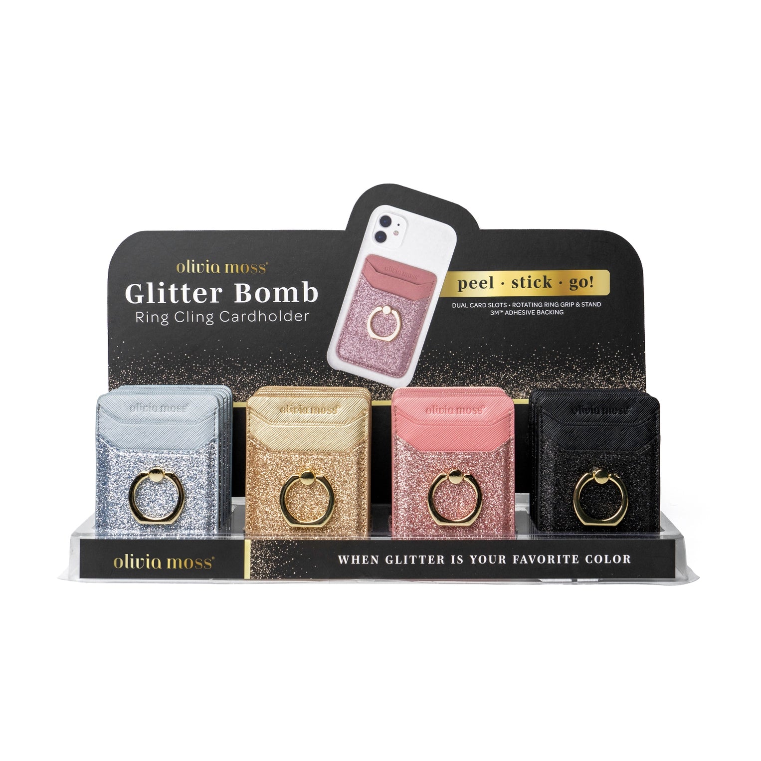 Glitter Bomb Ring Cling Cardholder – Assorted Colors – Sold Individually