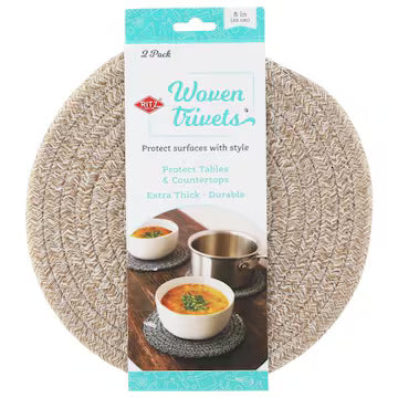 Ritz Round Braided Woven Trivets - Tan – 8" – Set of 2