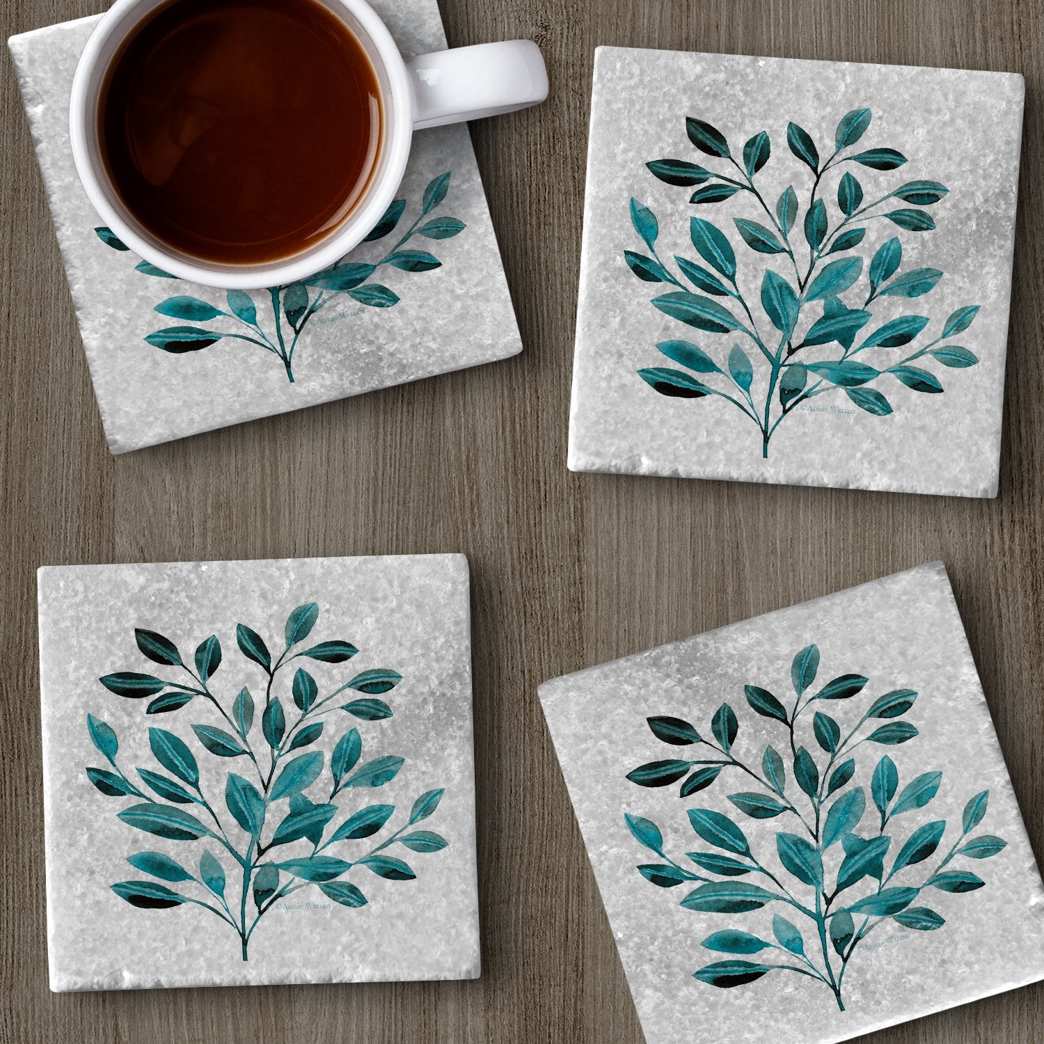 CounterArt Natural Marble Cork Backed Stone Coasters – "Leaves In Teal" – Set of 4