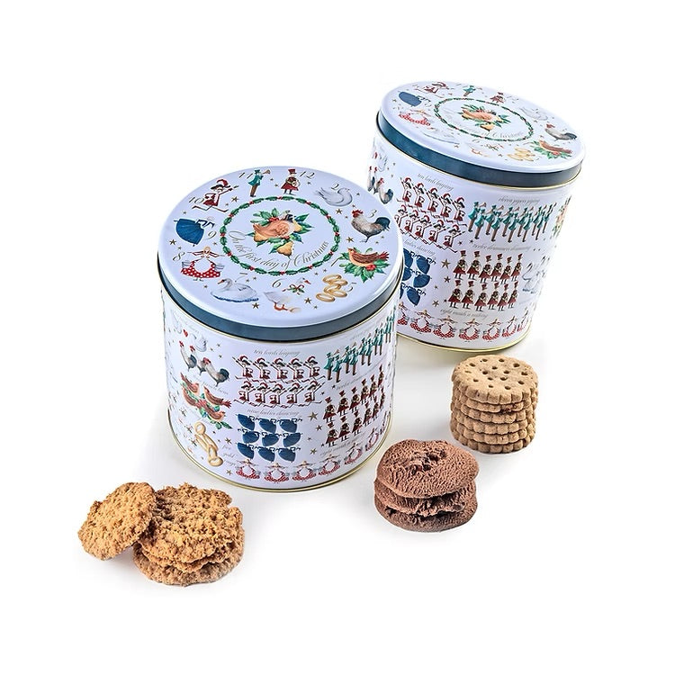 Cookie Filled 12 Days Of Christmas Barrel Tin – 6" x 6" – 15.8oz