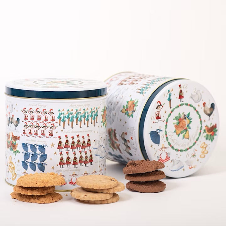 Cookie Filled 12 Days Of Christmas Barrel Tin – 6" x 6" – 15.8oz