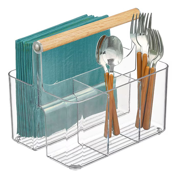 mDesign 2-Compartment Plastic Divider Caddy – Clear/Natural – 7” x 9”
