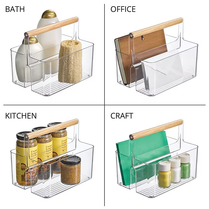mDesign 2-Compartment Plastic Divider Caddy – Clear/Natural – 7” x 9”