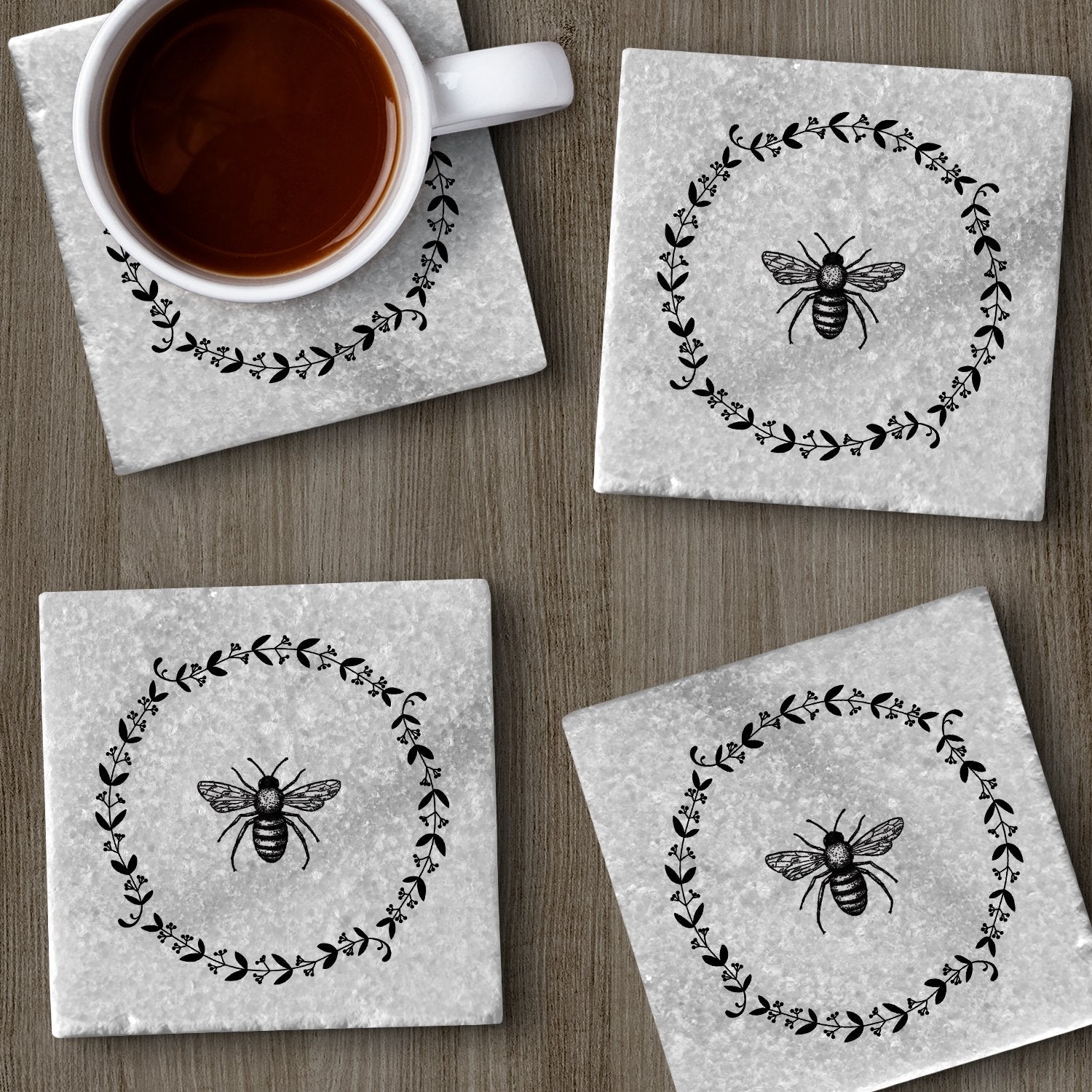 CounterArt Natural Marble Cork Backed Stone Coasters – "Bee" – Set of 4