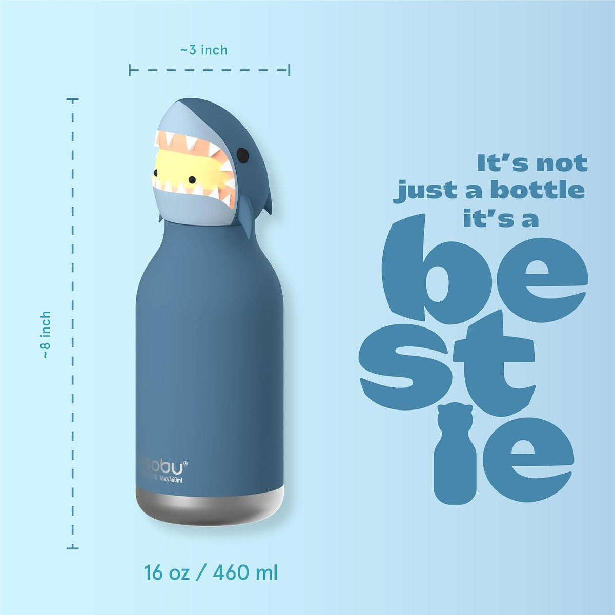 ASOBU Bestie Water Bottle – Shark – 16oz – 3" X 8"