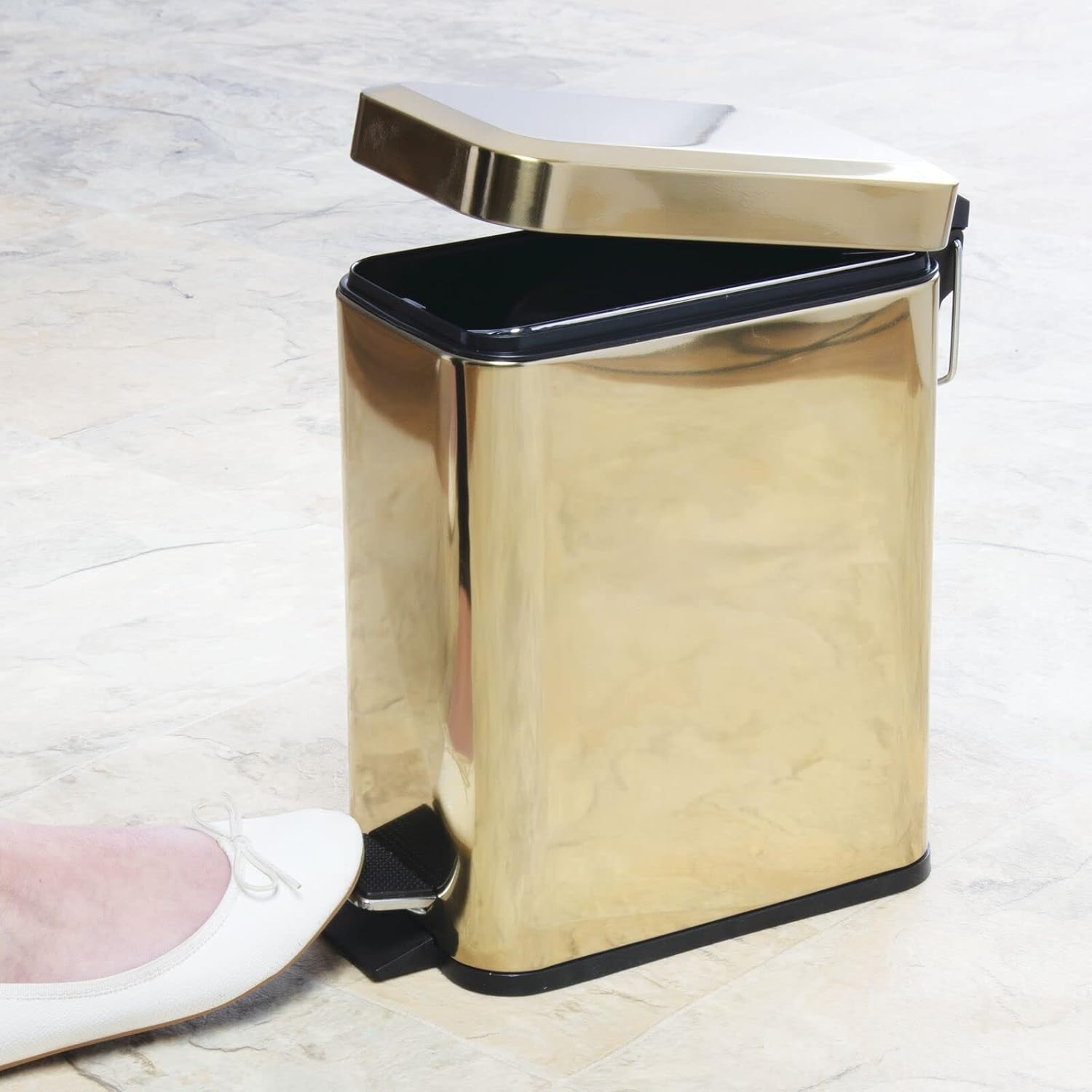 mDesign Small Modern 1.3 Gallon Rectangle Metal Lidded Step Trash Can – Soft Brass