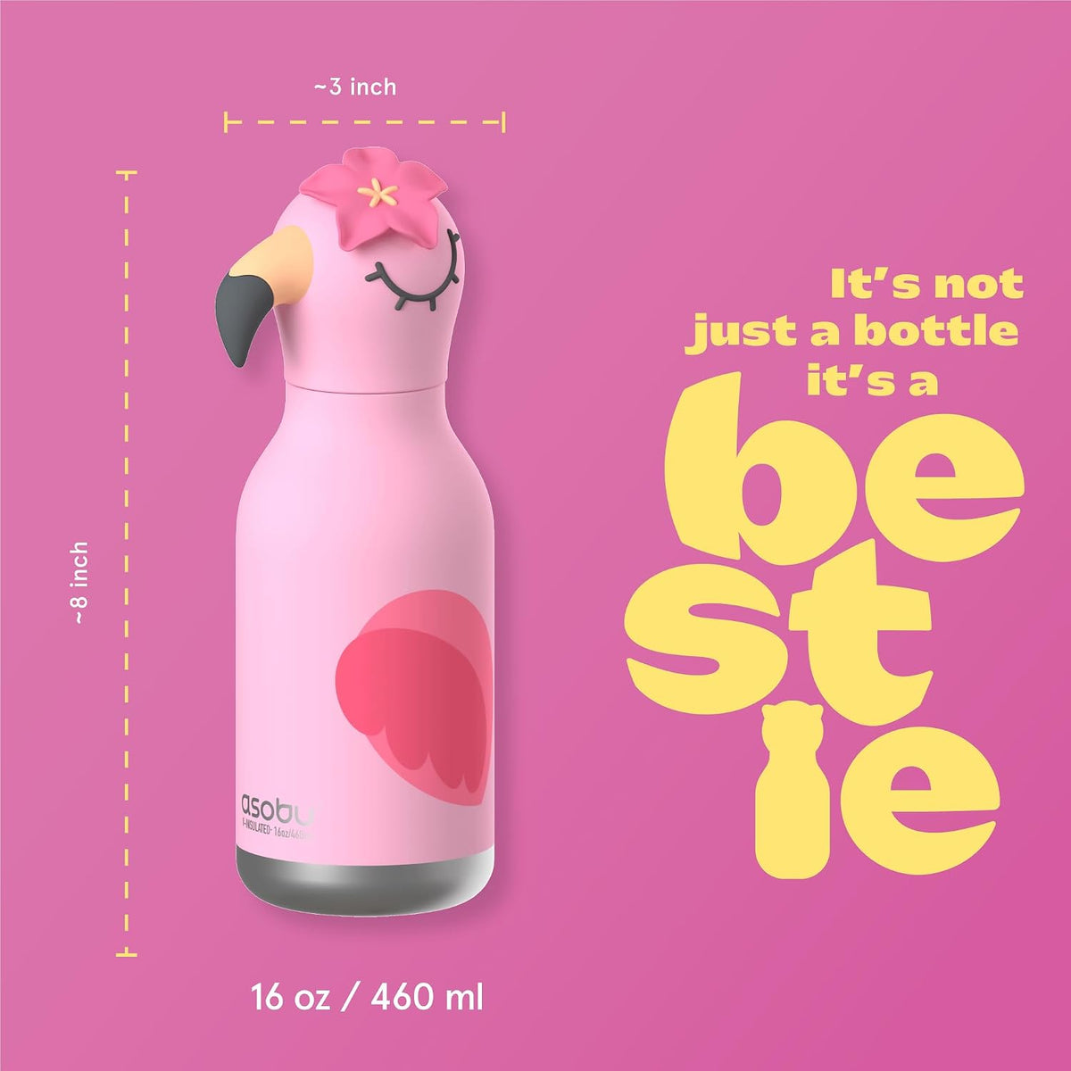 ASOBU Bestie Water Bottle – Flamingo – 16oz – 3" X 8"