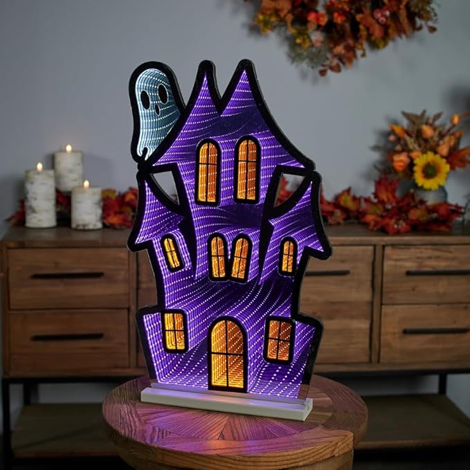 Haunted House with Ghost Infinity Light LED Halloween Decor – 23.5"