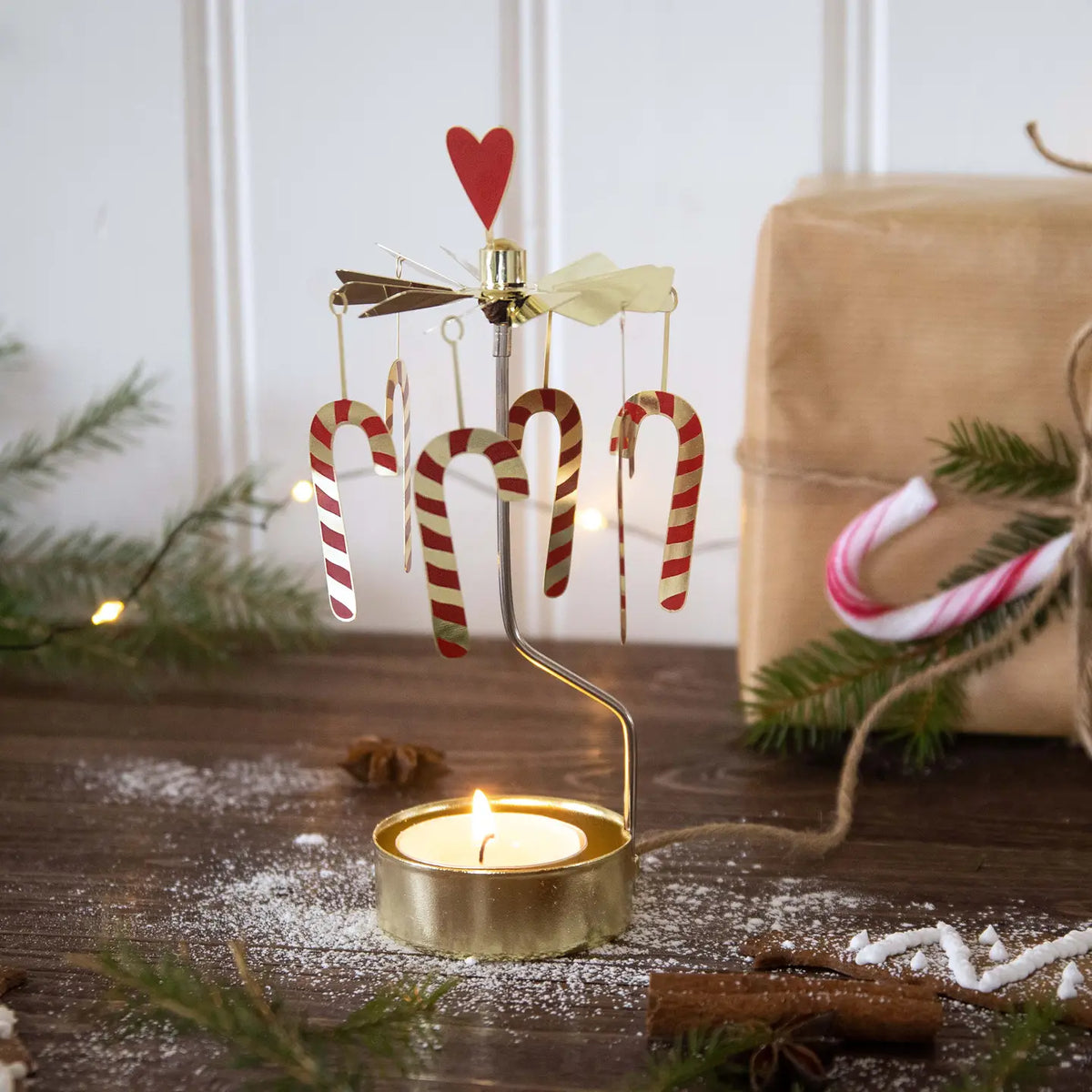Talla Rotary Tealight Spinning Candle Holder – Candy Cane – 2.8" x 6.5"