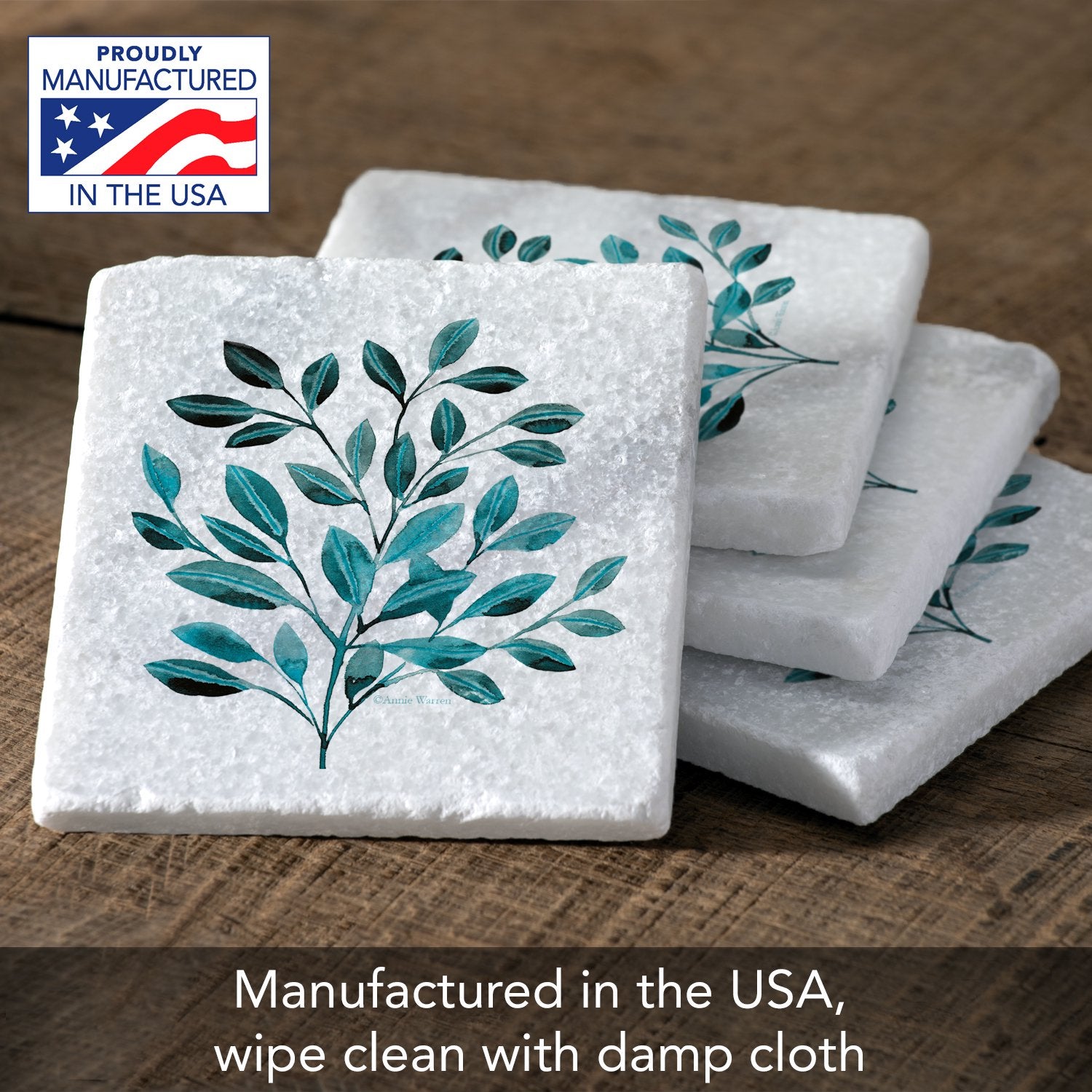 CounterArt Natural Marble Cork Backed Stone Coasters – "Leaves In Teal" – Set of 4