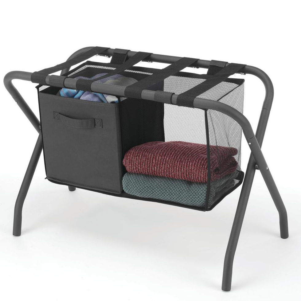 Whitmor Gray Luggage Stand with Hanging Shelf and Fabric Bin