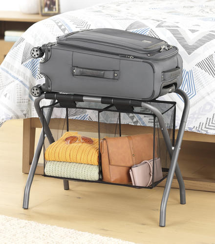 Whitmor Gray Luggage Stand with Hanging Shelf and Fabric Bin