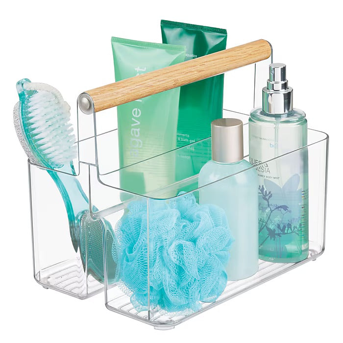 mDesign 2-Compartment Plastic Divider Caddy – Clear/Natural – 7” x 9”