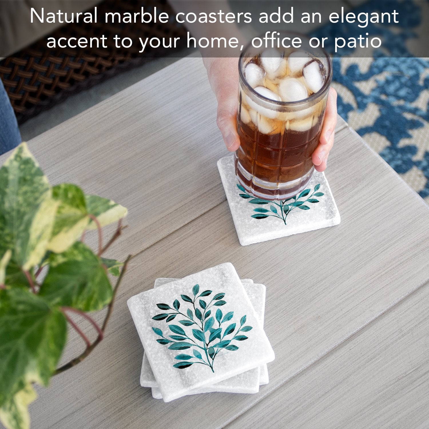 CounterArt Natural Marble Cork Backed Stone Coasters – "Leaves In Teal" – Set of 4