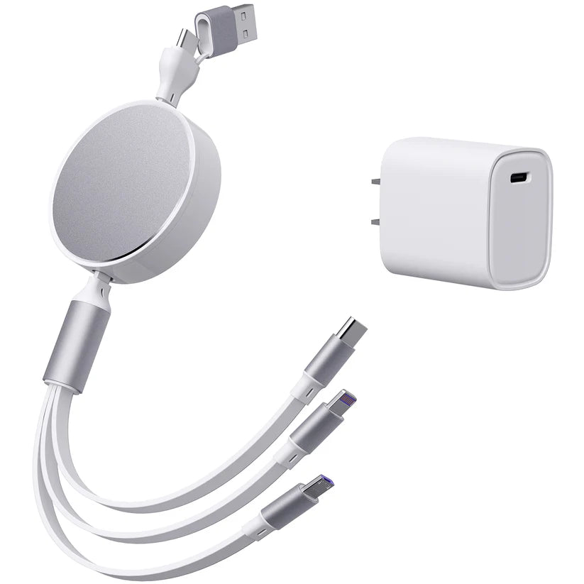 Phunkee Tree – 6 in 1 - Retractable Cables with Fast Charge Adapter – White