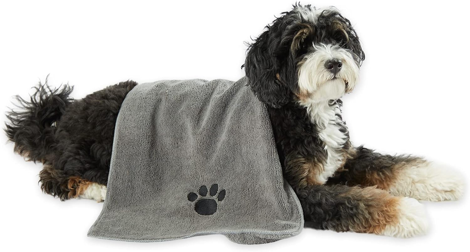 Bone Dry Pet Grooming Towel Embroidered Absorbent Microfiber – 15" x 30" Gray