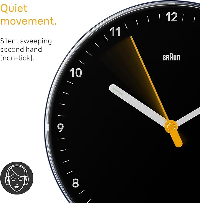 Braun Analogue Wall Clock BC26 With Silent Sweeping Quartz Movement – Black- 9"