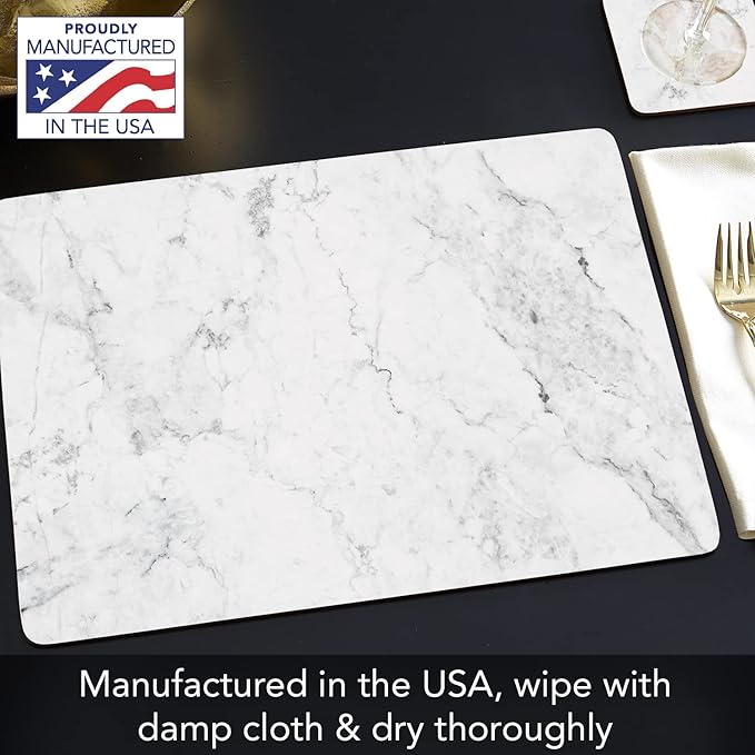 Highland Home Hardboard Cork-Backed Placemats – White Marble – Set of 4
