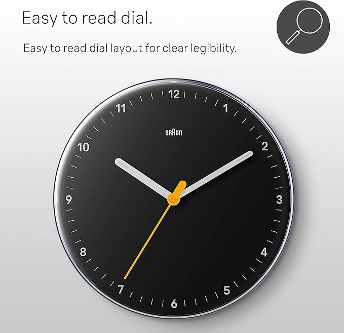 Braun Analogue Wall Clock BC26 With Silent Sweeping Quartz Movement – Black- 9"