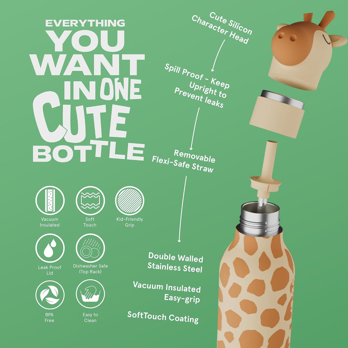 ASOBU Bestie Water Bottle – Giraffe – 16oz – 3" X 8"