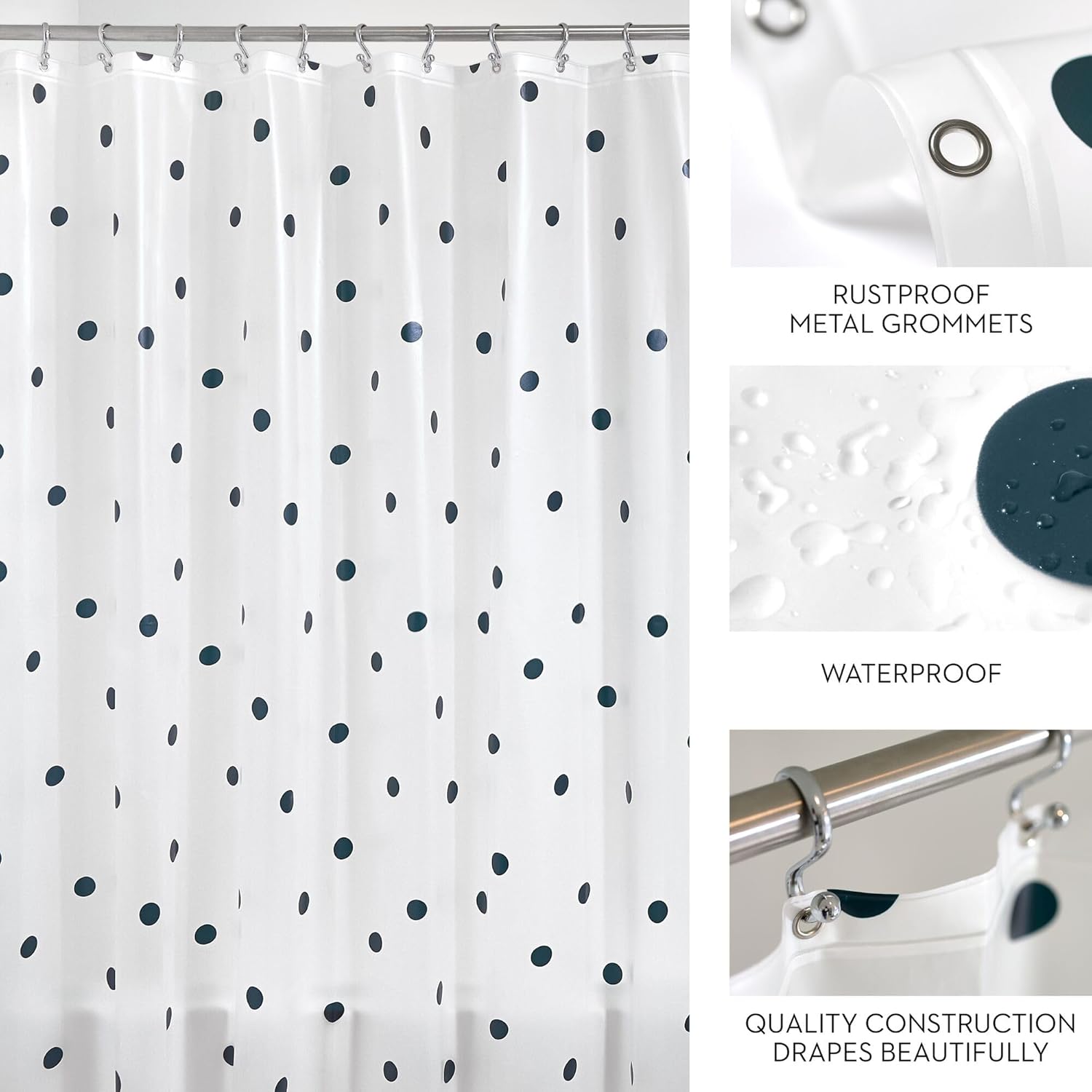 IDesign Water Resistant Peva Shower Curtain – Black Dots – 72" x 72"