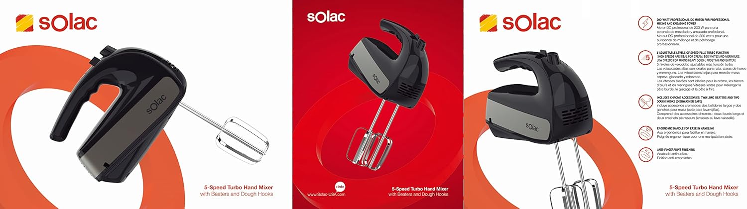 Solac Stainless Steel 5-Speed 200W Hand Mixer + Turbo – Black