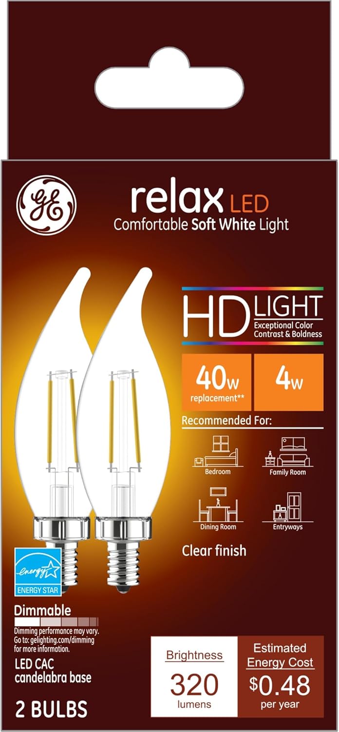 GE HD LED Relax Soft White Clear Flame Tip Chandelier Bulb 40W Equivalent - 2-Pk