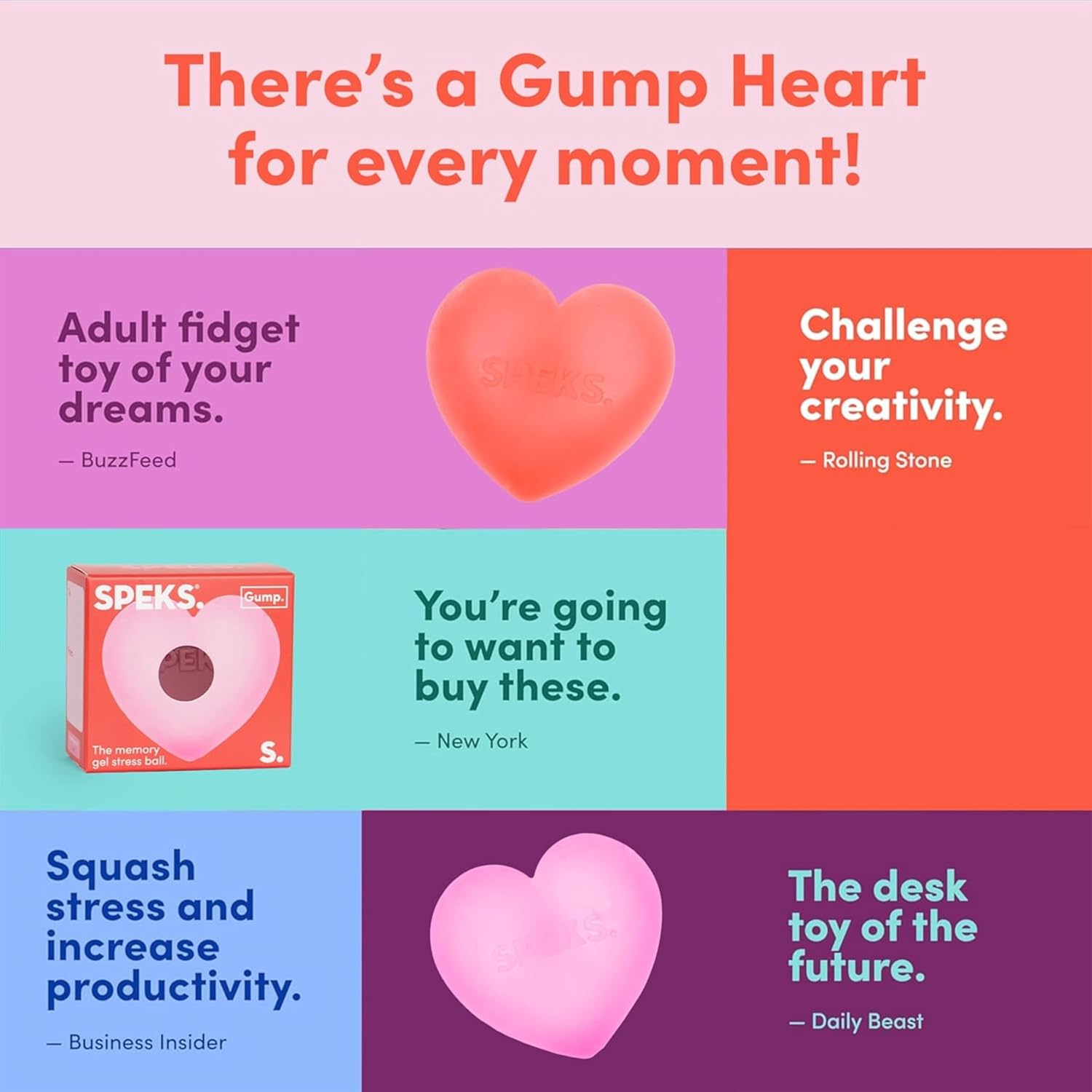 Speks Gump Heart Memory Gel Stress Ball – Assorted - Pink | Red - Each Sold Separately