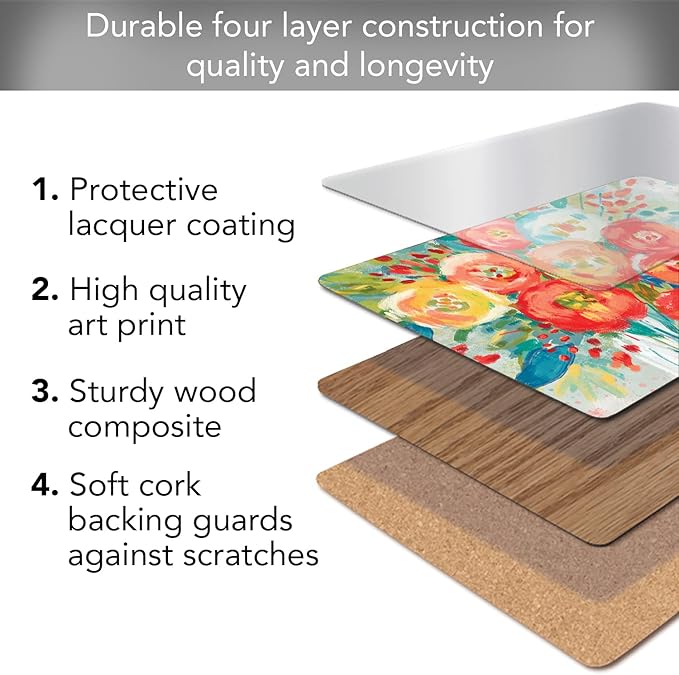 Highland Home Hardboard Cork-Backed Placemats – Coral Floral – Set of 4