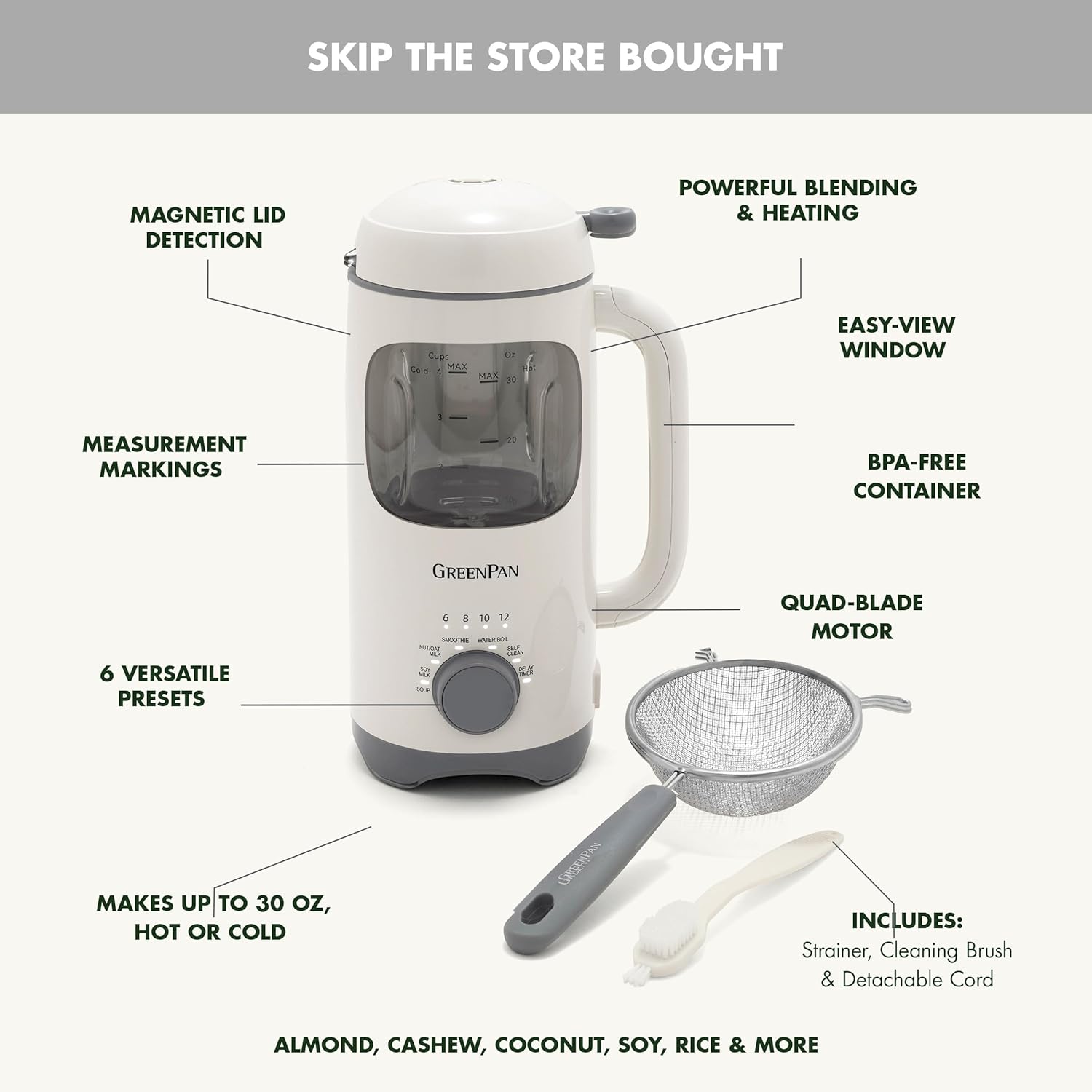GreenPan Nut Milk Maker – 15-in-1 for Homemade Plant-Based Non-Dairy Beverages – 30oz