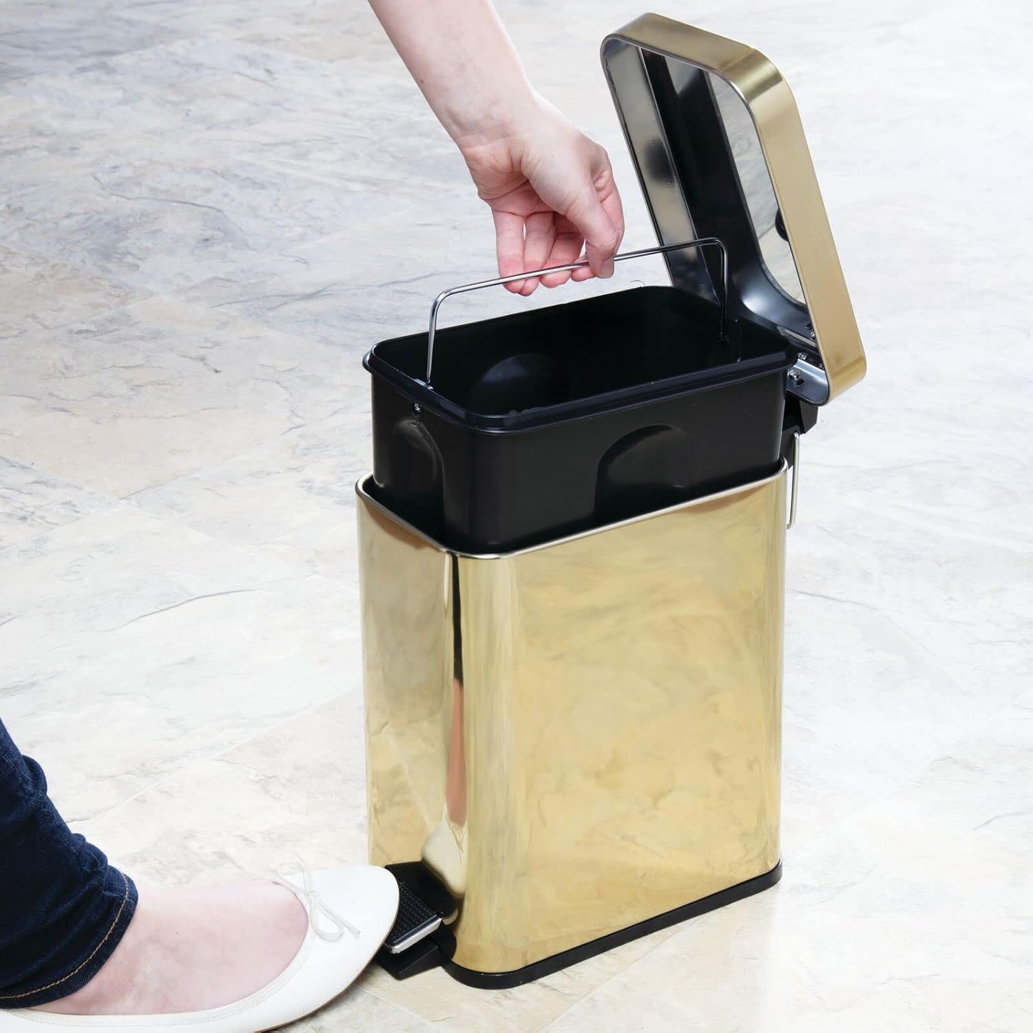 mDesign Small Modern 1.3 Gallon Rectangle Metal Lidded Step Trash Can – Soft Brass