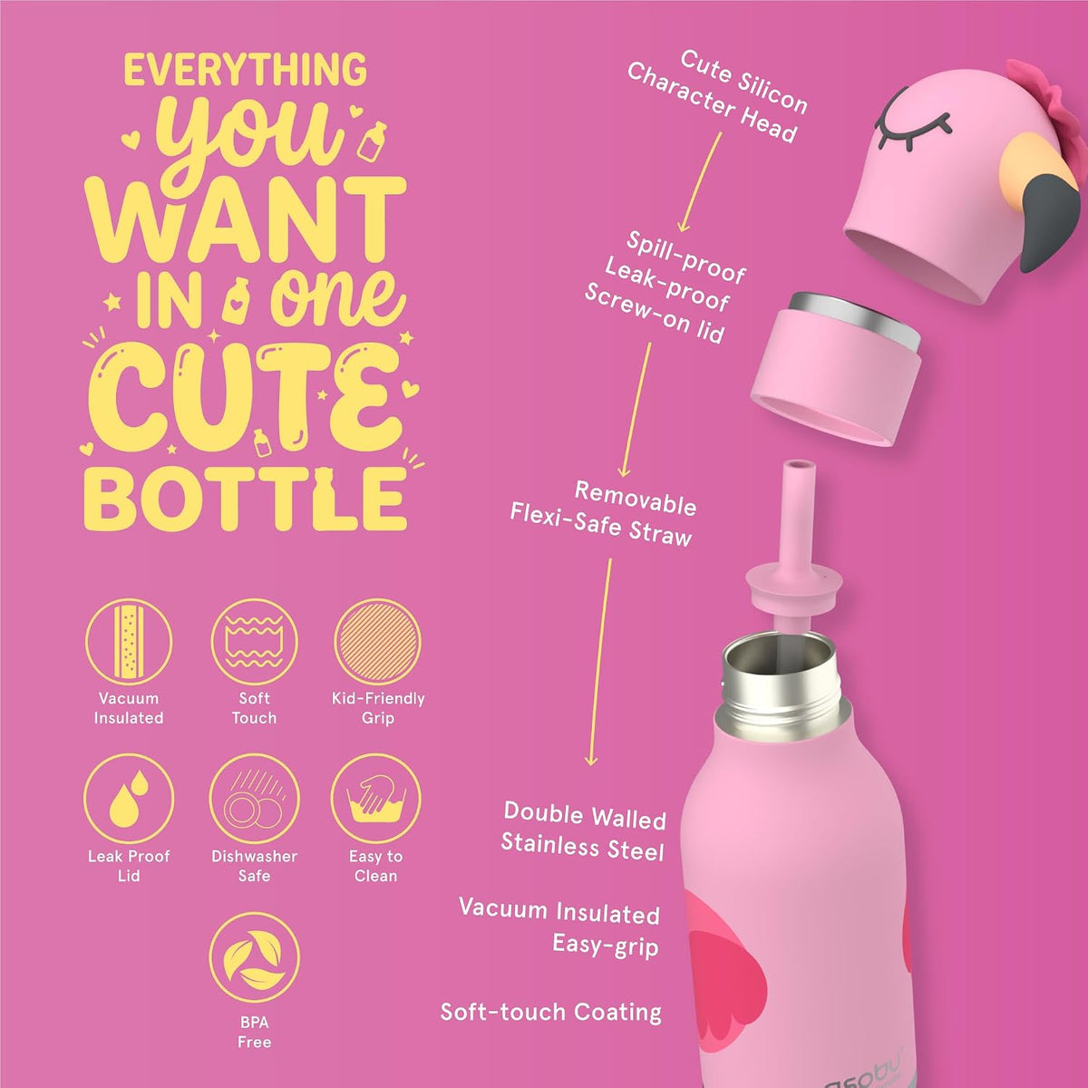 ASOBU Bestie Water Bottle – Flamingo – 16oz – 3" X 8"