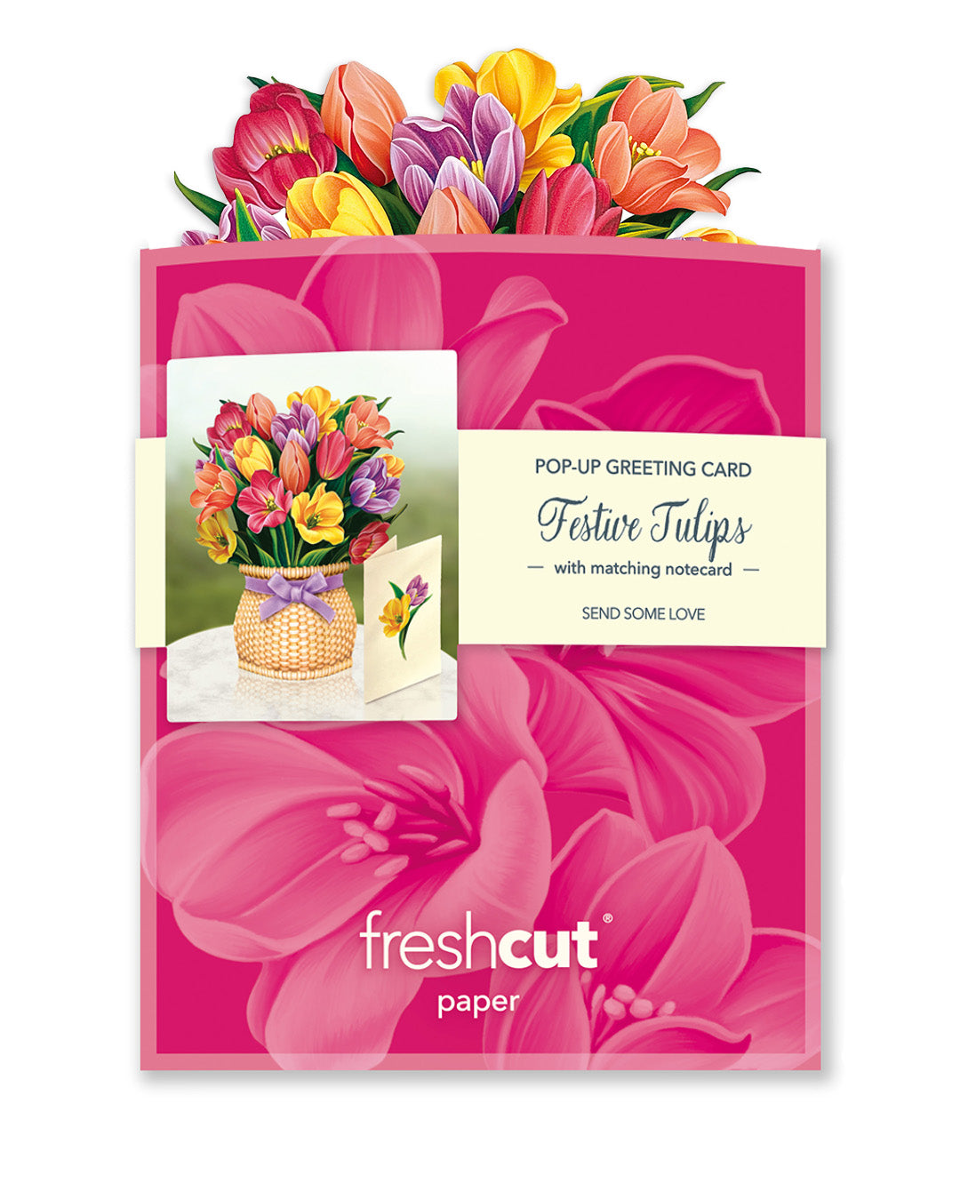 Fresh Cut Paper 3D Pop Up Flower Greeting Note Card – Festive Tulips – 6" x 5"