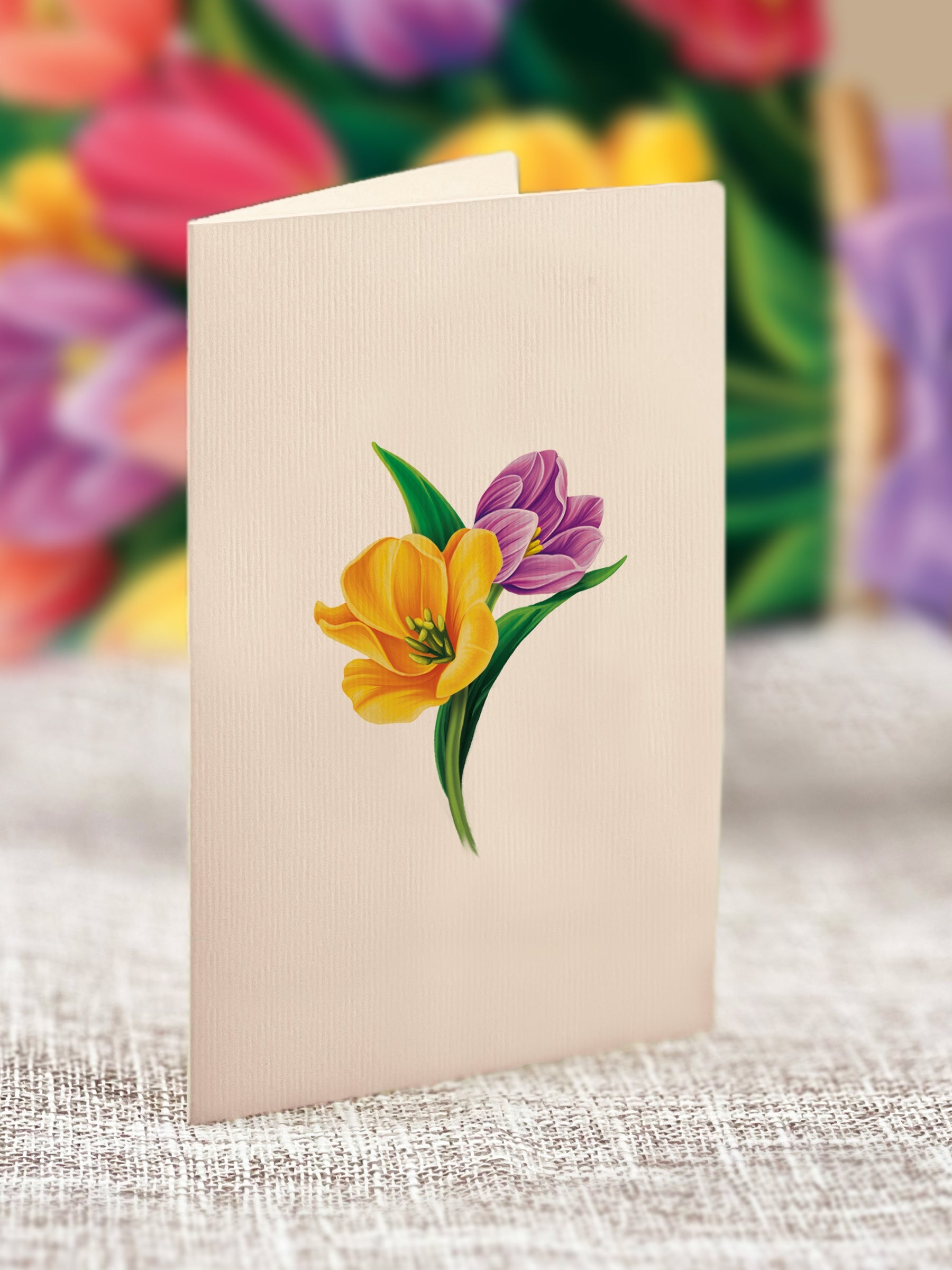 Fresh Cut Paper 3D Pop Up Flower Greeting Note Card – Festive Tulips – 6" x 5"