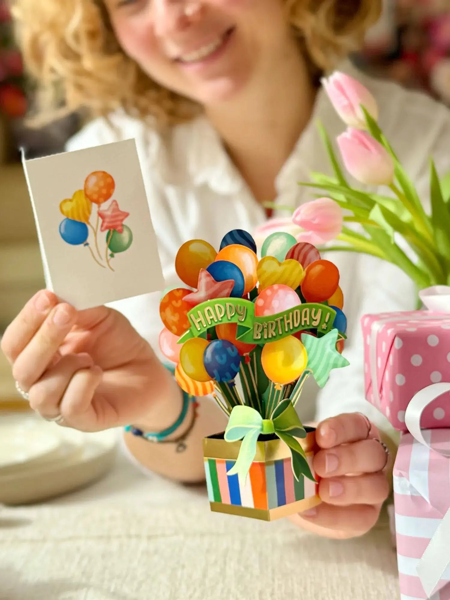 Fresh Cut Paper 3D Pop Up Greeting Note Card – Birthday Balloons – 5.5" x 4.5"