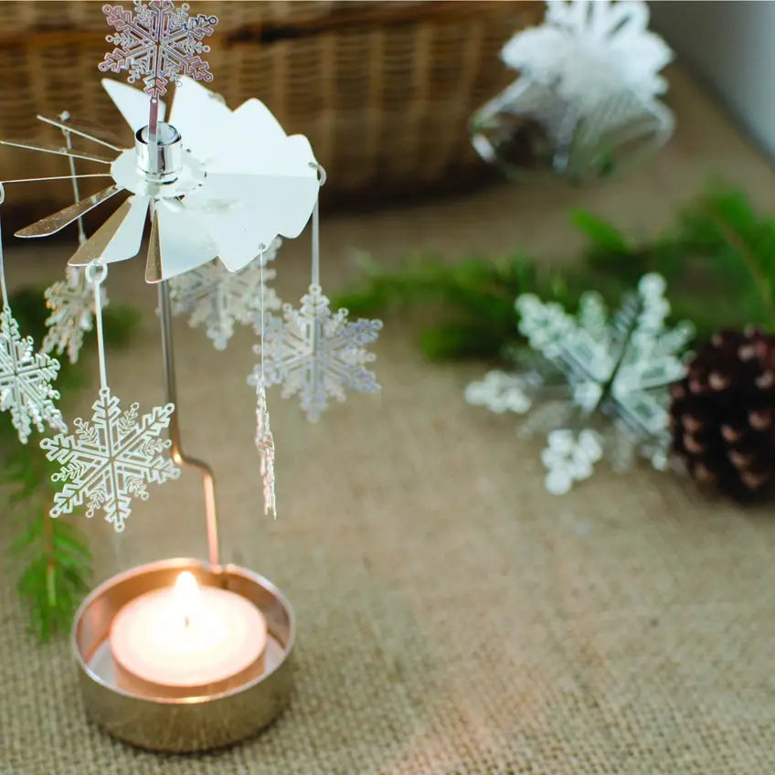 Talla Rotary Tealight Spinning Candle Holder – White Snowflake – 2.8" x 6.5"