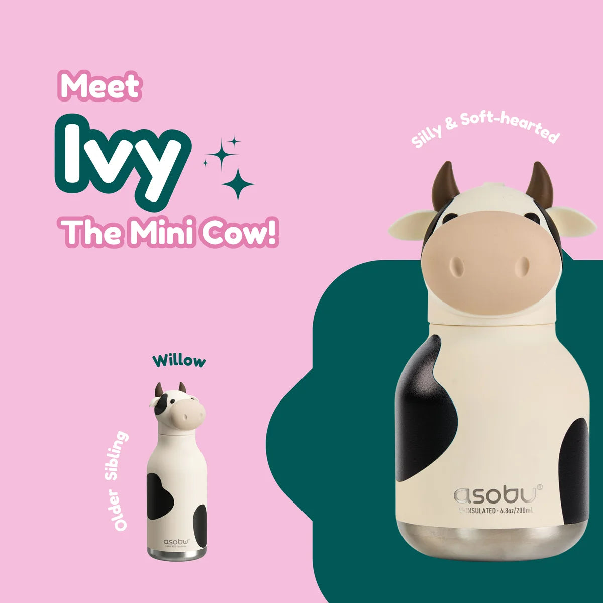 ASOBU Bestie Mini Water Bottle – Cow – 6.7oz – 3.2" X 5.5"