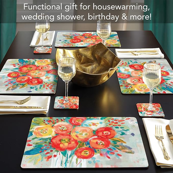Highland Home Hardboard Cork-Backed Placemats – Coral Floral – Set of 4